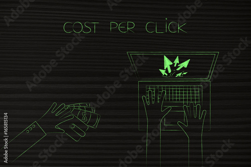 hand giving wallet to a user with pointer arrows on screen, cost per click