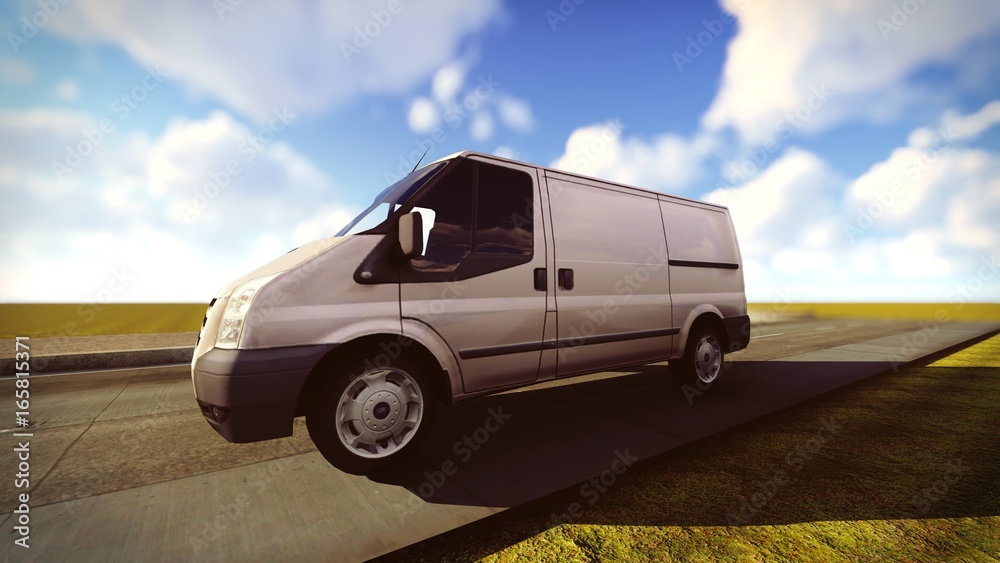 White van traveling on the roads 3d rendering