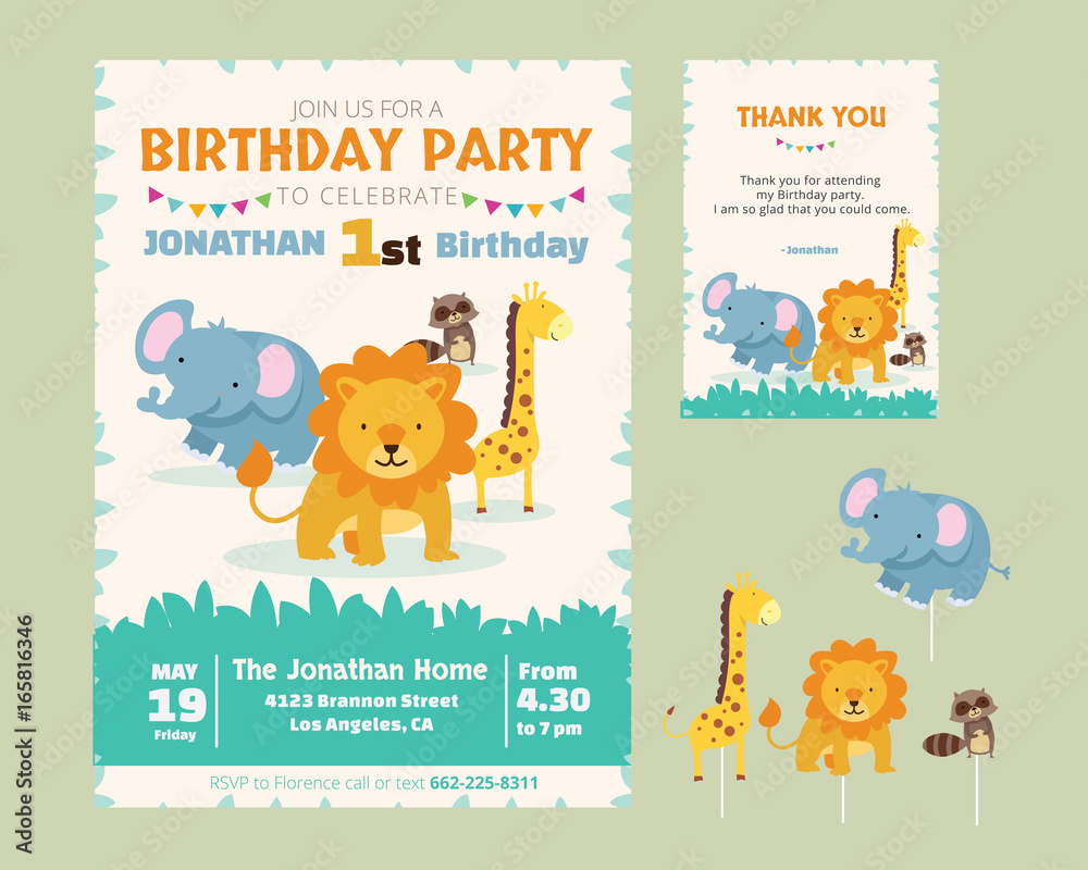 Cute Animal Theme Birthday Party Invitation And Thank You Card Illustration  Template Stock Vector | Adobe Stock