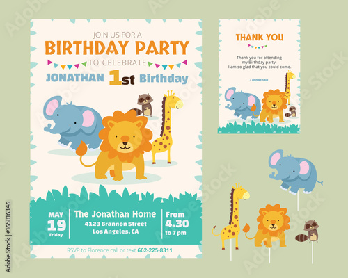 Cute Animal Theme Birthday Party Invitation And Thank You Card Illustration Template