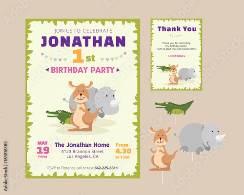 Cute Animal Theme Birthday Party Invitation And Thank You Card Illustration Template