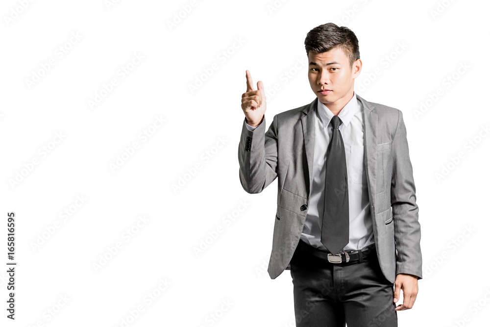 Portrait of a young businessman pointed the finger to left side. Isolated on white background with copy space and clipping path Portrait of a young businessman pointed the finger to left side. Isolated on white background with copy space and clipping path