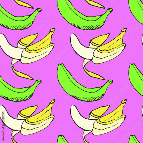 Yellow and green bananas, seamless pattern design, hand drawn doodle, sketch in pop art style, color illustration, purple background