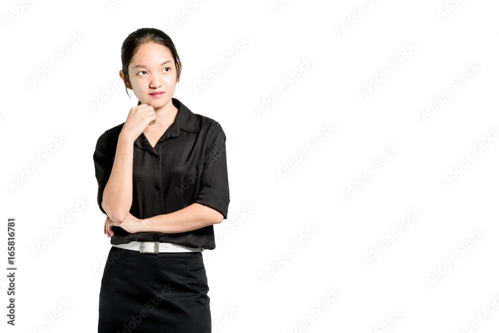 Portrait of a beautiful asian business woman is thinking. Isolated on white background with copy space and clipping path Portrait of a beautiful asian business woman is thinking. Isolated on white background with copy space and clipping path