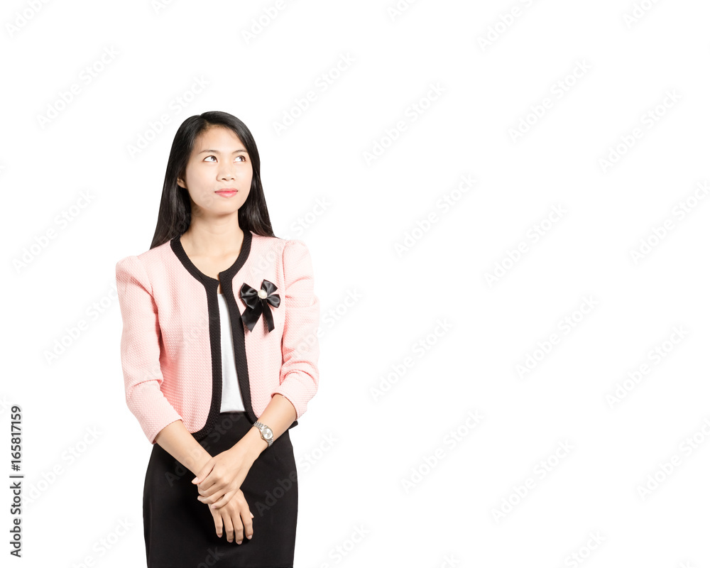 portrait of a beautiful asian businesswoman thinking and looking to top right side. Isolated on white background with copy space and clipping path portrait of a beautiful asian businesswoman thinking and looking to top right side. Isolated on white background with copy space and clipping path