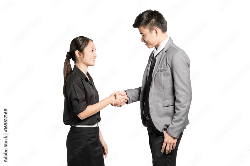 Portrait of two colleagues. Young businessman shaking hands with businesswoman. positive human emotions. Isolated on white background with copy space and clipping path Portrait of two colleagues. Young businessman shaking hands with businesswoman. positive human emotions. Isolated on white background with copy space and clipping path