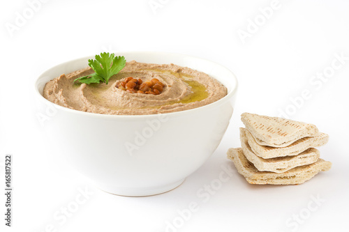 Lentil hummus and pita bread isolated on white background

