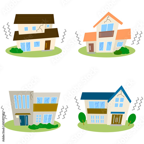 地震の被害に遭う住宅のベクターイラストセット