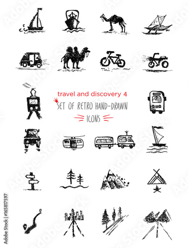Hand-drawn sketch travel and vacation icon collection, different transportation and direction indicators. Black on white background