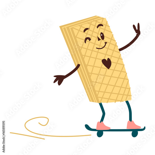 Vector sweet humanized waffle character with arms and legs on skateboard. Flat cartoon isolated illustration on a white background. Funny smiley wafer dessert skating and having fun