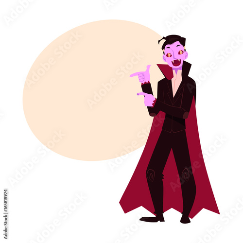 Young man dressed as dracula, vampire, Halloween party costume, cartoon vector illustration with space for text. Man dressed as dracula, vampire, black cape and fangs, Halloween party costume