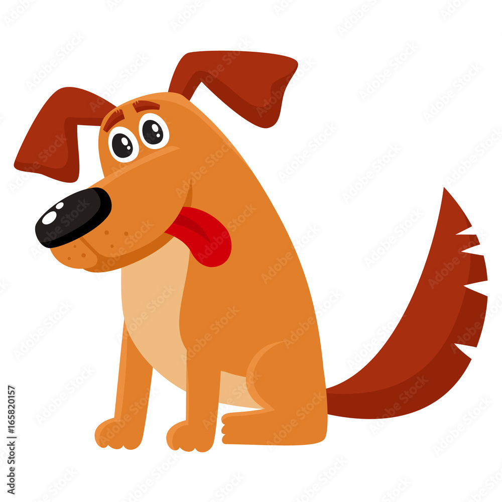 Cute brown funny house dog, puppy character sitting with tongue out, cartoon  vector illustration isolated on white background. Funny dog, puppy  character sitting with nice friendly expression Stock Vector | Adobe Stock