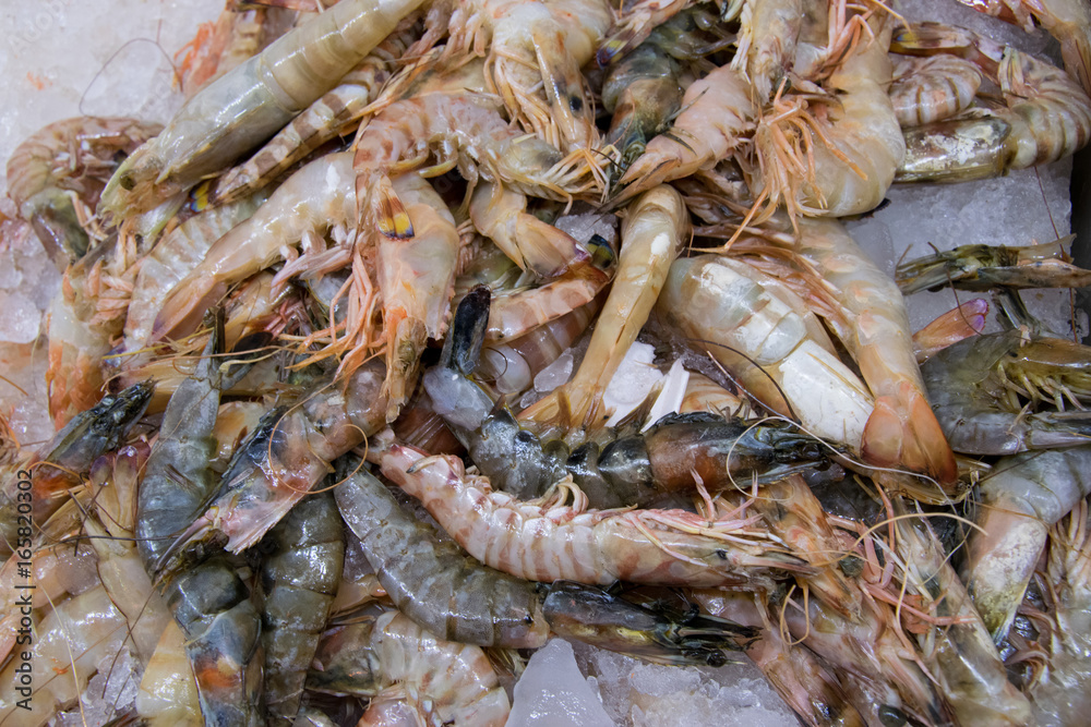 Shrimp on ice tray ready to sale in seafood market. Shrimp in chilled ice cream tray