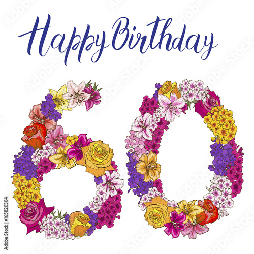 Sixty digit made of different flowers isolated on white background. Happy birthday inscription. Vector illustration