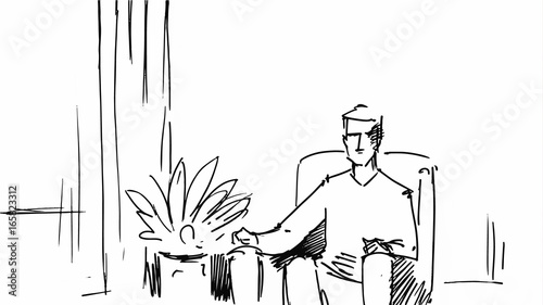 Man sitting in his armchair. Vector sketch for cartoon, or storyboard projects