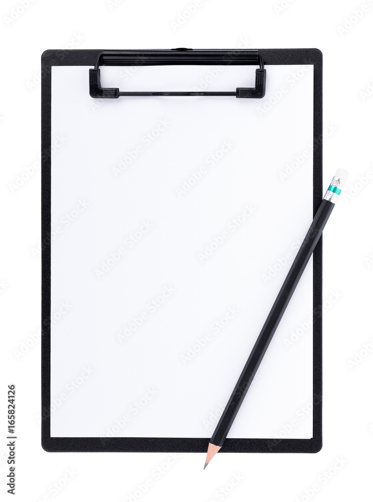 Blank paper on black clipboard with space on white background Blank paper on black clipboard with space on white background