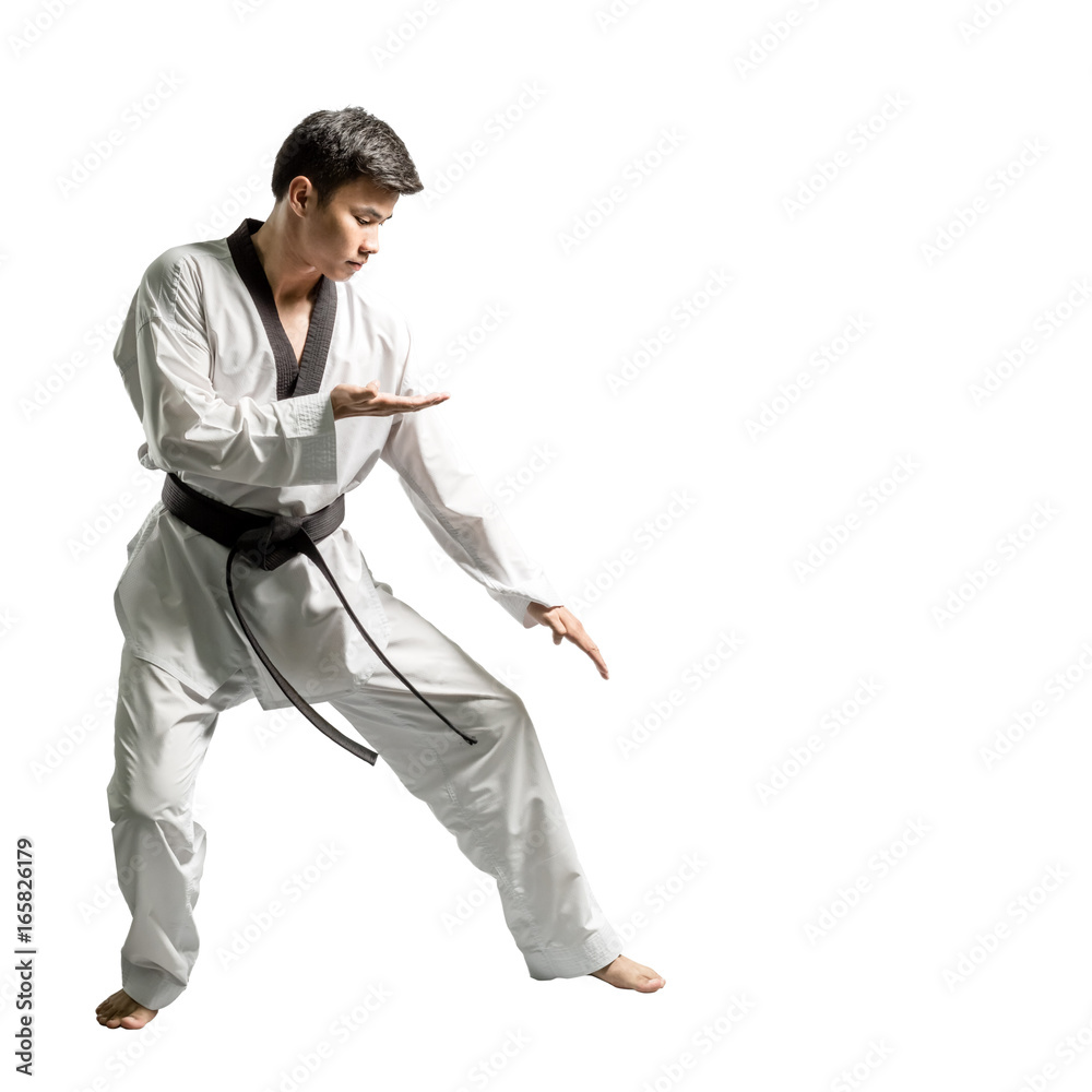 Portrait of an asian professional taekwondo black belt degree (Dan) preparing for fight. Isolated full length on white background with copy space Portrait of an asian professional taekwondo black belt degree (Dan) preparing for fight. Isolated full length on white background with copy space