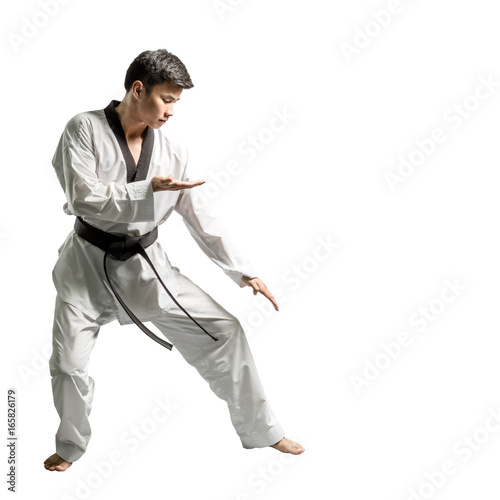 Portrait of an asian professional taekwondo black belt degree (Dan) preparing for fight. Isolated full length on white background with copy space