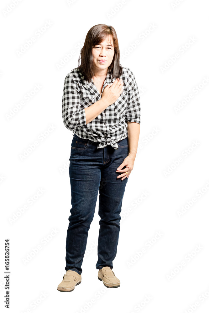 Portrait of a mature woman with heart attack. Isolated on white background with copy space and clipping path Portrait of a mature woman with heart attack. Isolated on white background with copy space and clipping path