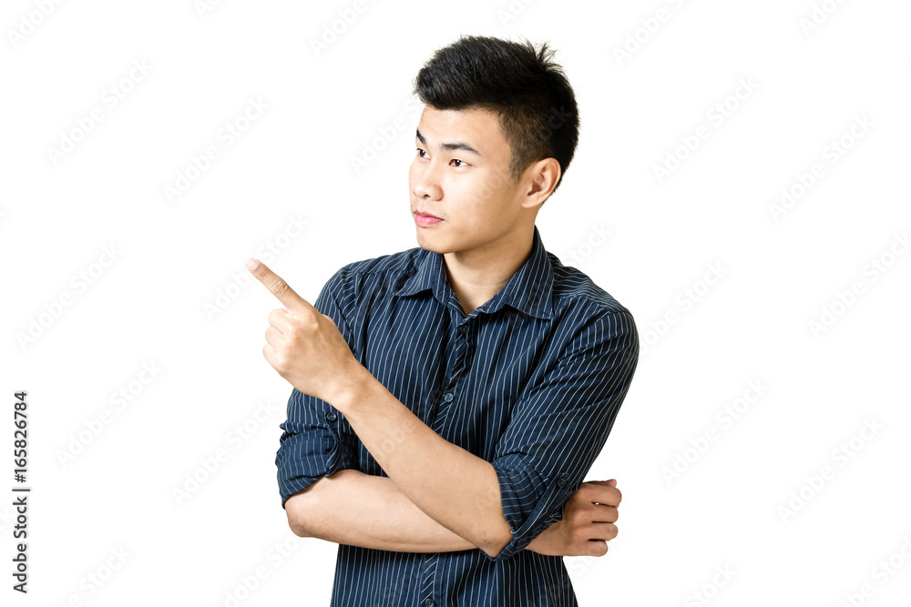 Portrait of a young businessman pointed his hand to left side. Isolated on white background with copy space and clipping path Portrait of a young businessman pointed his hand to left side. Isolated on white background with copy space and clipping path
