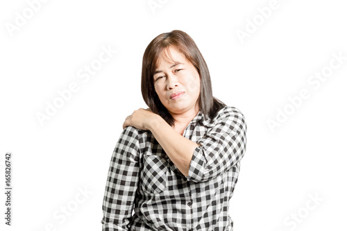 Portrait of a mature woman having shoulderache. Isolated on white background with copy space and clipping path