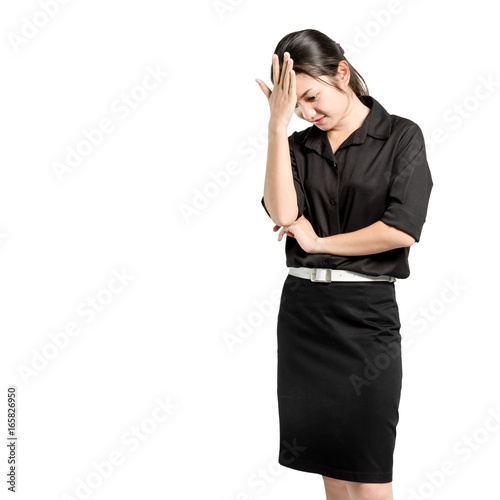 Portrait of a beautiful asian business woman having a headache. Isolated on white background with copy space and clipping path