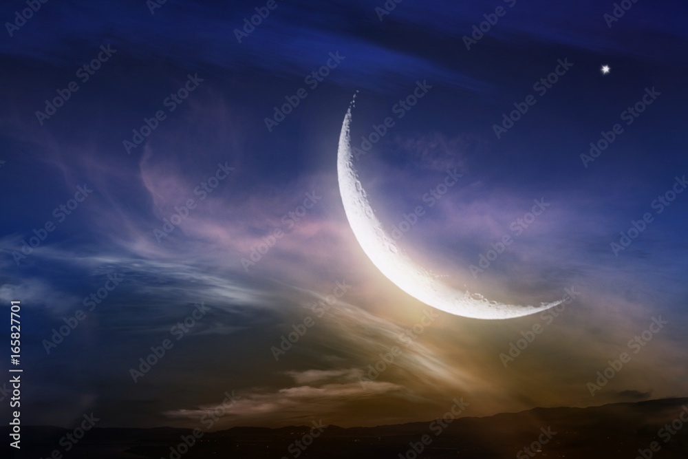 Red sunset and moon . Light in dark sky . beautiful cloud . Ramadan background . Prayer time . Dramatic nature background . Red sunset and moon .