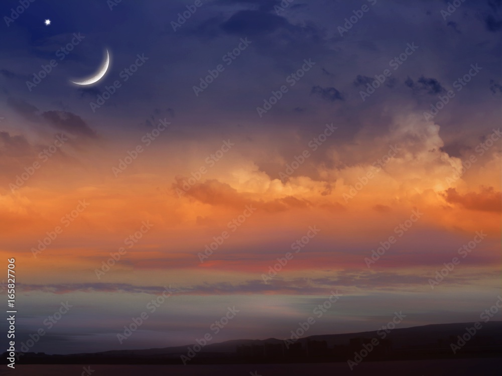 Light in dark sky . beautiful cloud . Ramadan background . Prayer time . Dramatic nature background . Red sunset and moon . Arab night .Prayer time . Paradise heaven