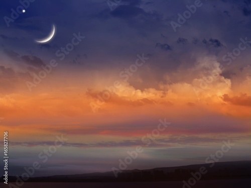 Obraz na płótnie Light in dark sky . beautiful cloud . Ramadan background . Prayer time . Dramatic nature background . Red sunset and moon . Arab night .Prayer time . Paradise heaven w salonie