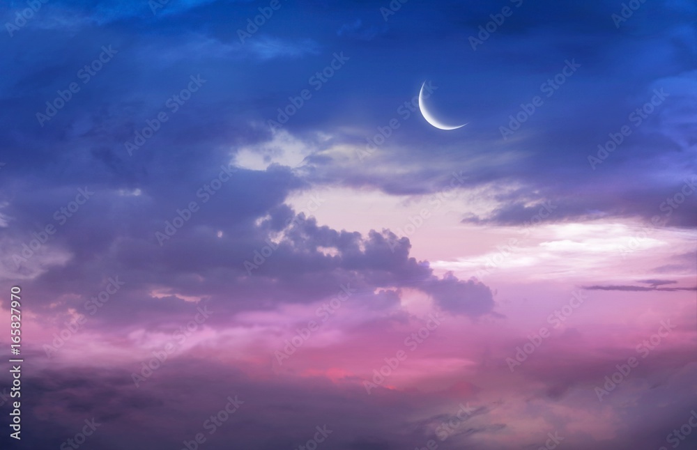 Romantic sunset and mystical moon - obrazy, fototapety, plakaty 