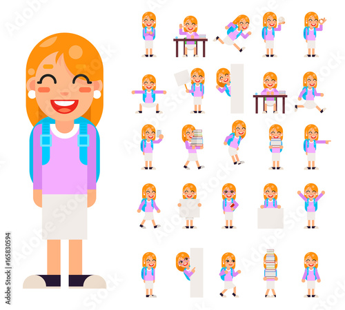 Pupil Girl School Children Student in Different Poses and Actions Teen Characters Kid Icons Set Isolated Education Knowledge Flat Design Vector Illustration