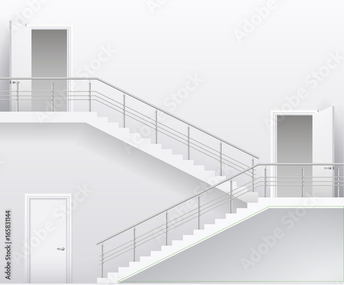 Interior bright white room with stairs and doors. Vector graphics