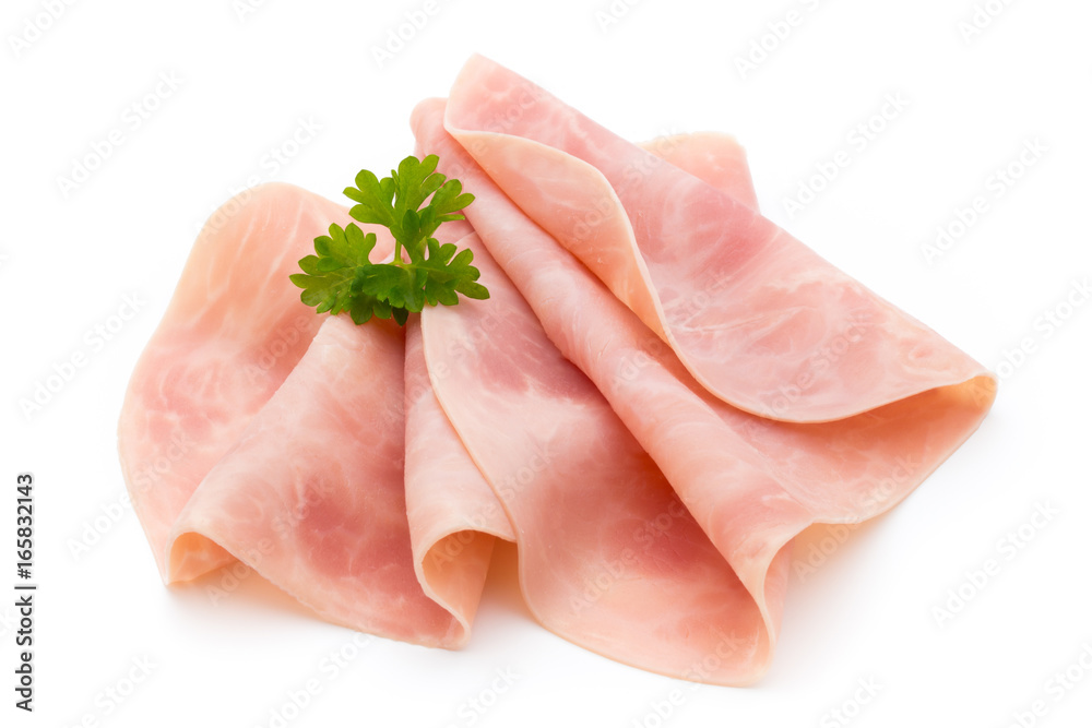 Thin slices of ham on white background.