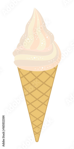 Vanilla ice cream in waffle cone isolated on white background. Vector illustration.