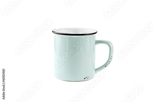 
A teal colored enamel coffee cup or mug with copy space for logo isolated over a white background with clipping path included.