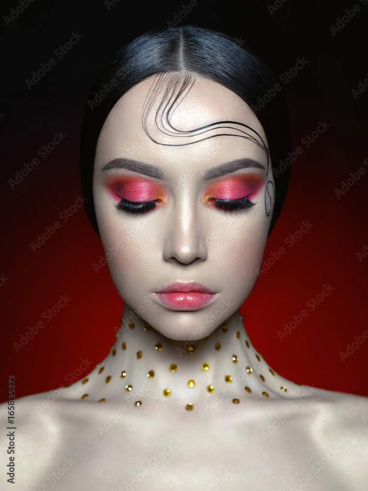 Woman with bright red makeup Woman with bright red makeup