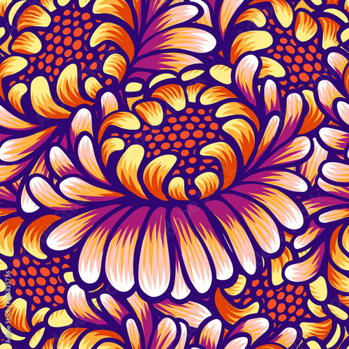 Floral hand drawn vintage seamless pattern with flowers. Fabulous orange-purp...