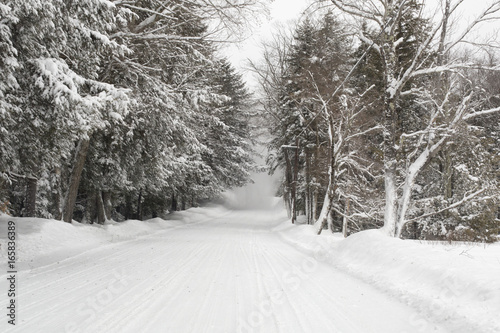 Snowy New England country road with snow squall