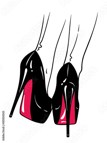 Fototapet Hand drawn female legs in high heels and seamed stockings
