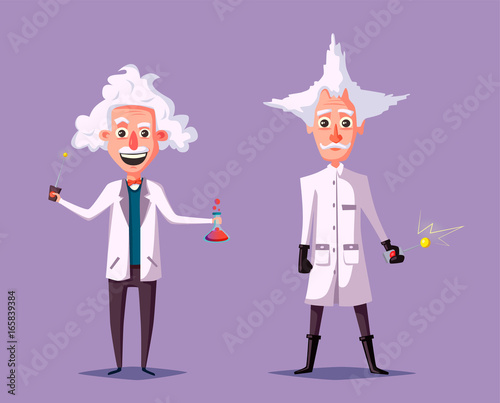 Crazy old scientist. Funny character. Cartoon vector illustration