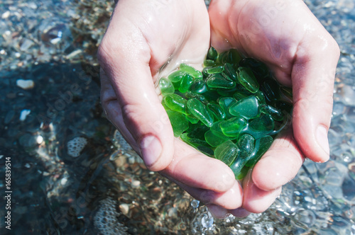 Womans hands hold up a collection of green sea glass photo