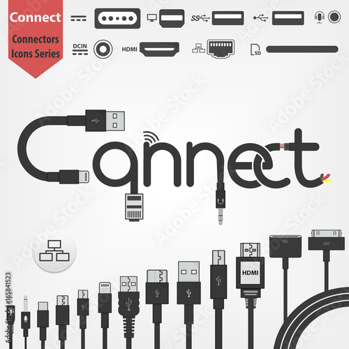 connect logo concept made of cables. Full pack of connectors and sockets for your network
