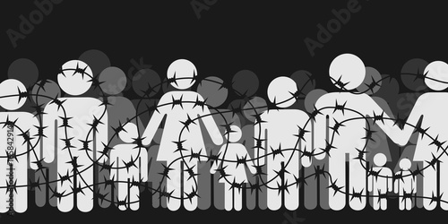 Migrants and refugees are standing behind closed and shut barrier, fence made of barbed wire. Crowd of people - family, mothers, children, men - is forbidded and banned to go. Vector illustration