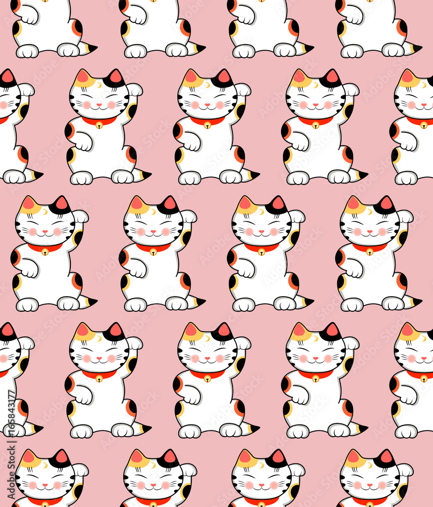 Seamless pattern with cute maneki neko cats, japanese symbol of luck.