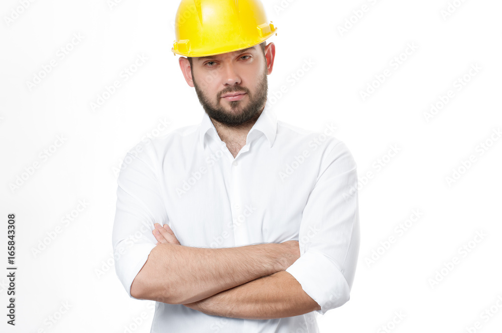 Contractor in yellow helmet on white background