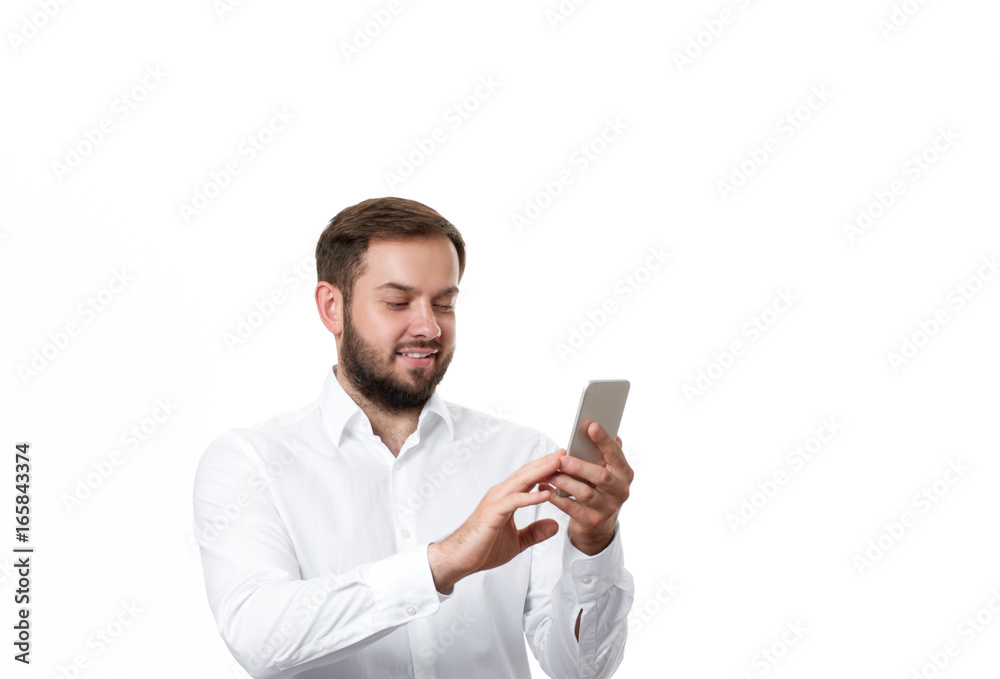 Business man holding smartphone on white background Business man holding smartphone on white background