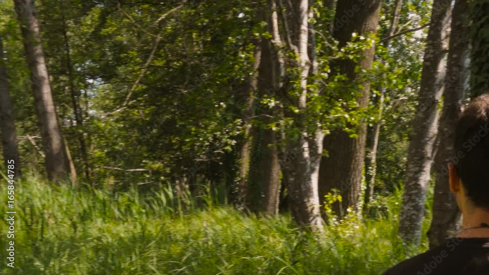 Young Man Walking on a Footpath Towards the Lake in Summer, Seen From Behind Young Man Walking on a Footpath Towards the Lake in Summer, Seen From Behind