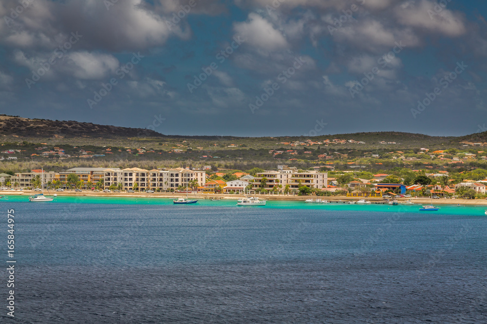 Arriving at Bonaire, capture from Ship at the Capital of Bonaire, Kralendijk in this beautiful island of the Ccaribbean Netherlands, with its paradisiac beaches and water.