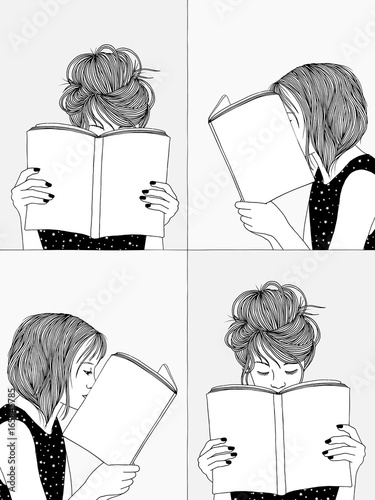 Hand drawn illustrations of girls reading, hiding their faces behind their books - empty books to add your own text