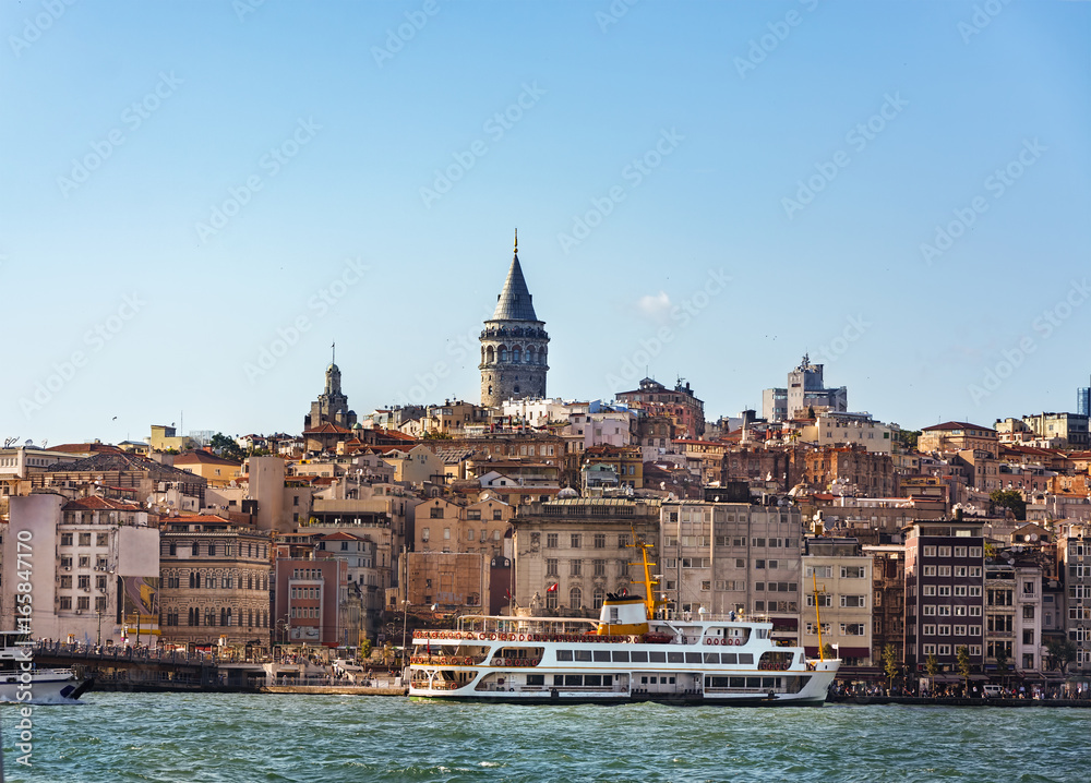 Istanbul cityscape in Turkey with Galata Tower.